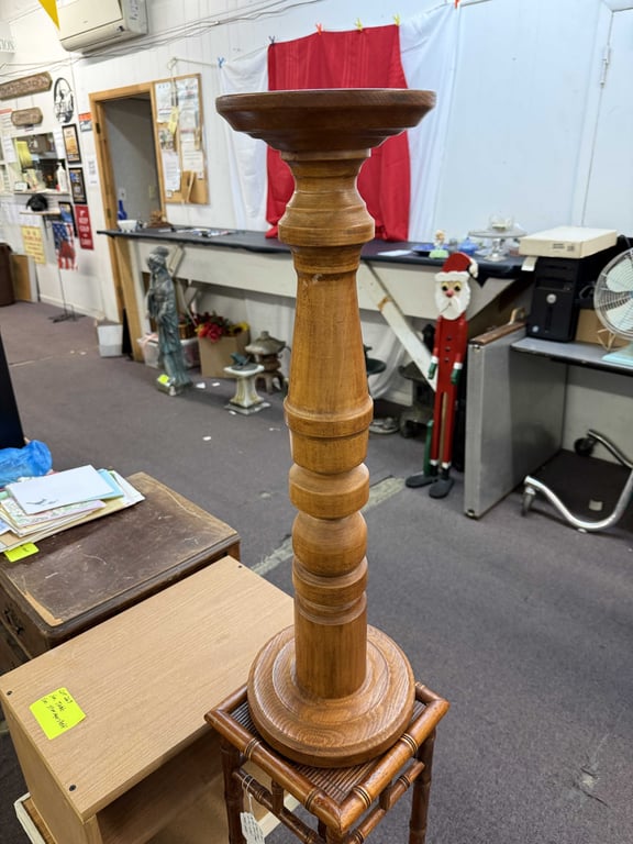 WOOD STOOL, SM. PLANT STAND & TALL WOODEN CANDLE HOLDER - Image 2
