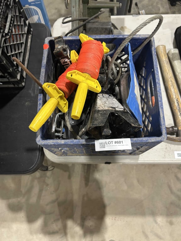 Crate with jackstands, small cables, nylon twine, misc