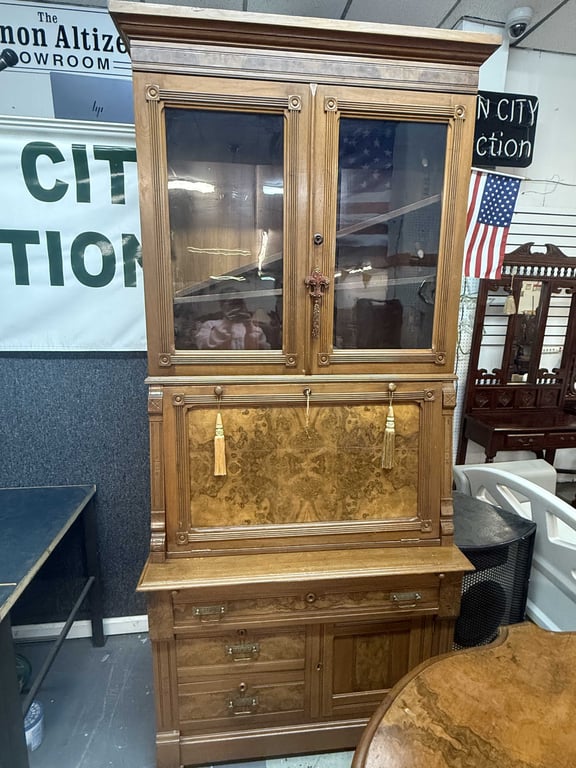 VTG EASTLAKE STYLE BURLE WOOD SECRETARY & HUTCH