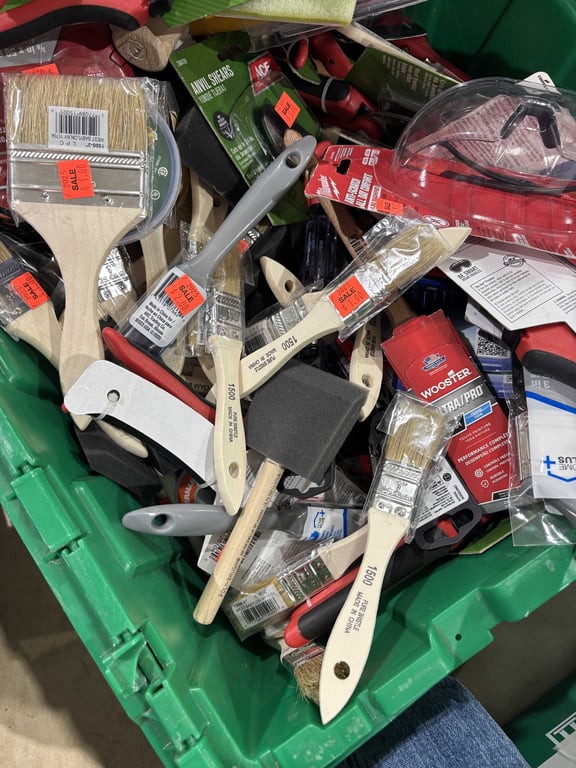 Tote of Paint Supplies, Anvil Shears, Rope, Knobs, Filters, Misc - Image 3