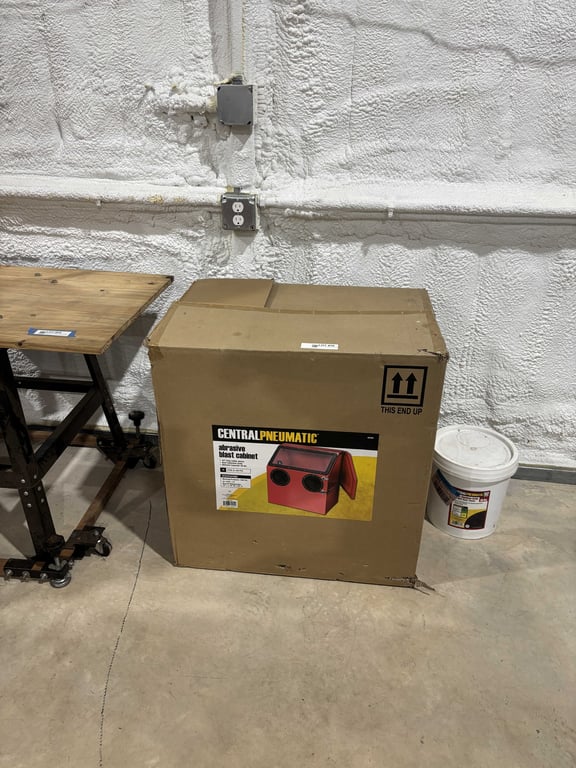 Central Pneumatic Blast Cabinet with Bucket of Blaster