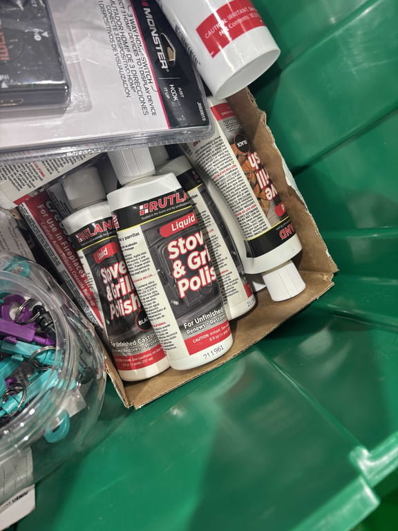 Tote of HDMI cable, creosote remover, welding rods, silicone,  stove & grill polish, etc - Image 4