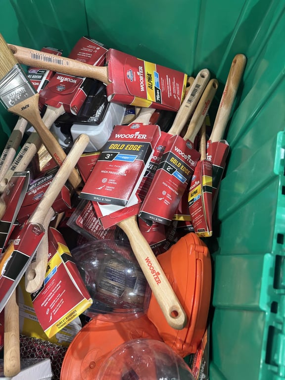 Tote of painting supplies, thread cutting oil, shower knobs, misc - Image 5
