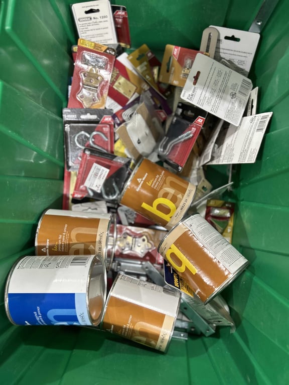 Tote of paint and primer, hinges, ceiling hooks, etc - Image 2