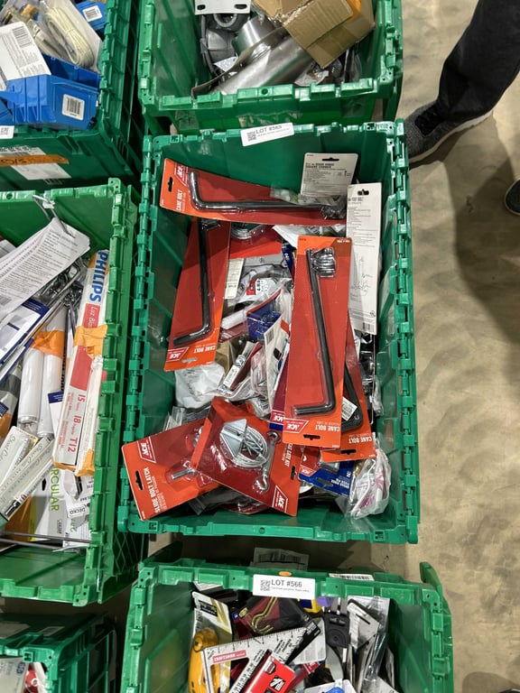 Tote of nylon hose barb, outlet covers, gate kits, hinges, U bolts, etc