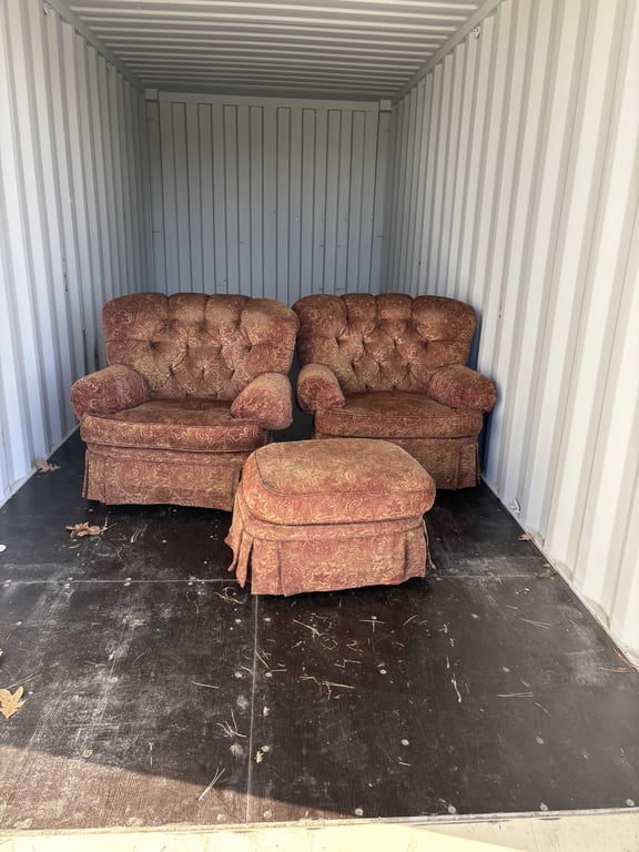 2 Red Cushioned Arm Chairs & 1 Ottoman