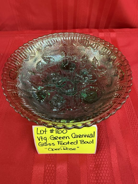 VTG GREEN CARNIVAL GLASS BOWL "OPEN ROSE" - Image 2