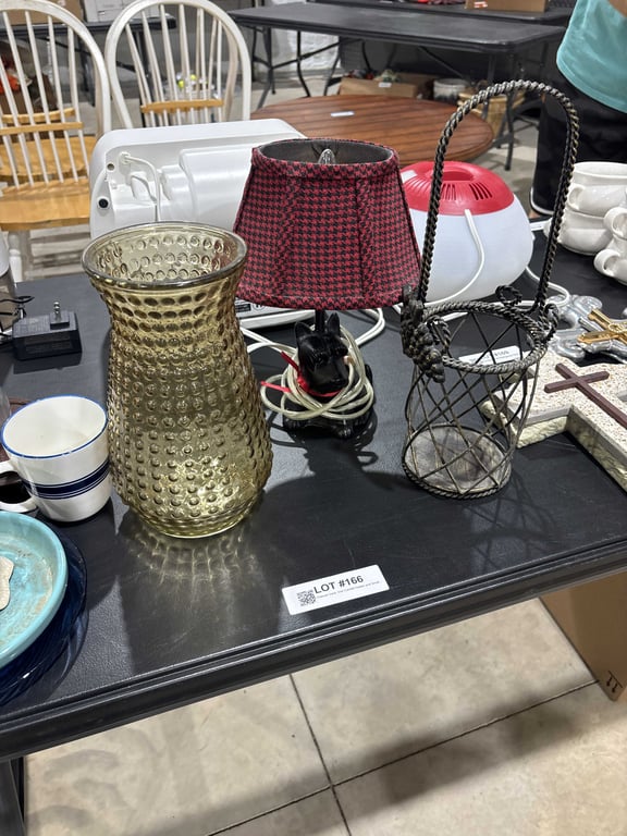 Hobnail Vase, Iron Candle Holder and Small Dog Lamp