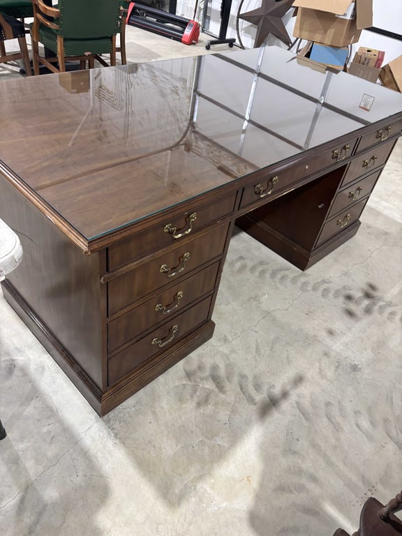 Vintage Walnut Office Desk with Glass Top Cover - Image 6