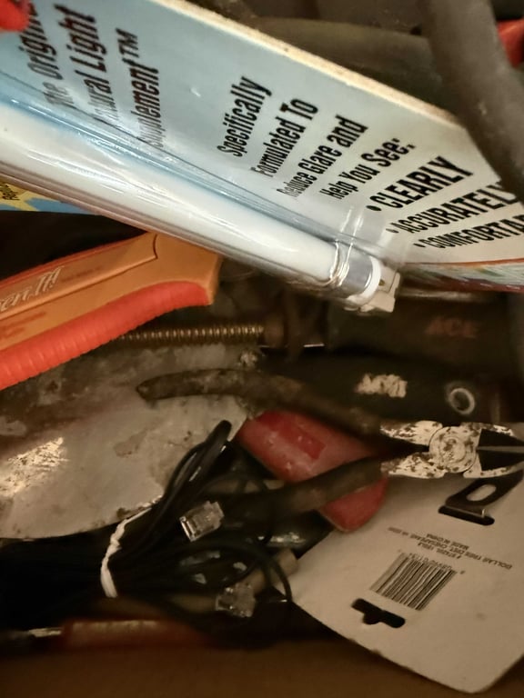 BOX W/ DRILL, SCRAPERS, PLIERS & MISC TOOLS - Image 2