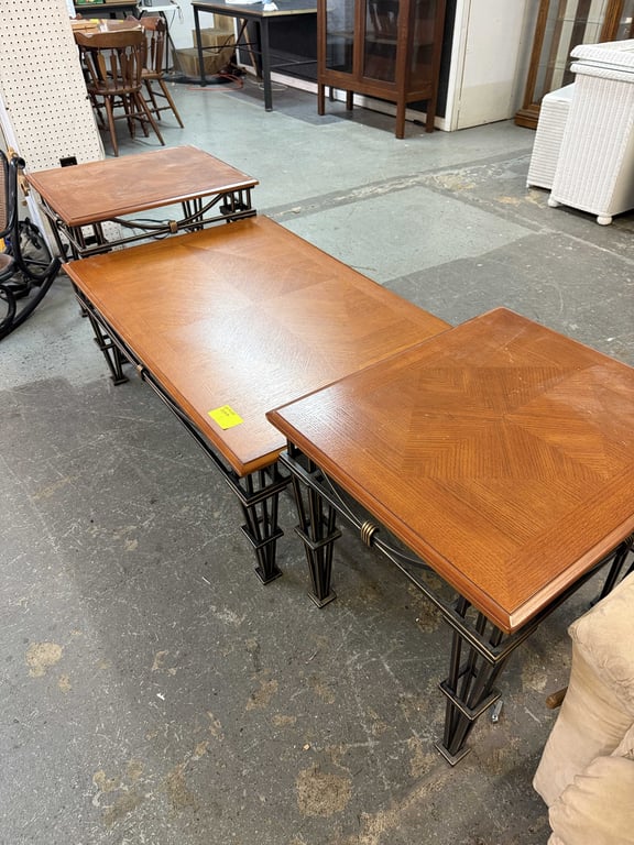 3 PC WOOD AND IRON COFFEE TABLE AND END TABLES 