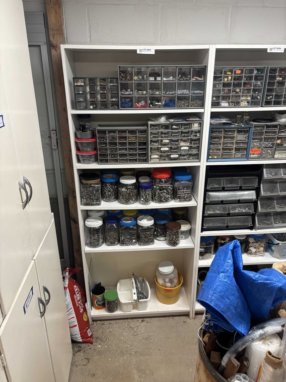 Hardware contents of first white shelves