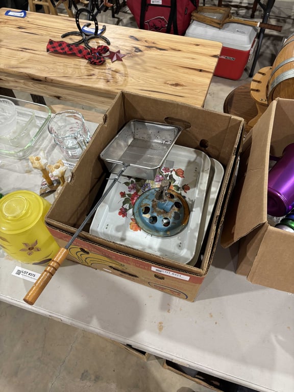 Box of serving trays, vintage sprinkler, popcorn popper