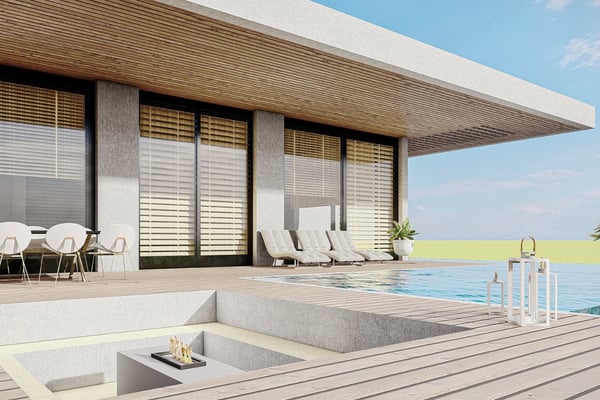 Spacious Outdoor Lounge with Poolside View - A stylish outdoor seating area with a rattan furniture set under a wooden pergola, adjacent to a crystal-clear swimming pool.