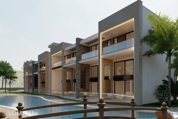 Upper-floor perspective of a contemporary residence framed by tropical greenery and shaded outdoor living spaces.