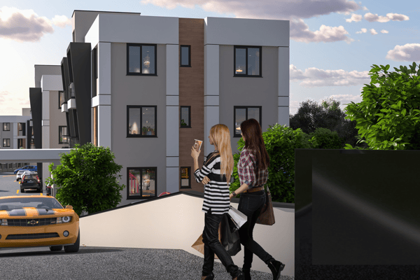 Urban-style image with pedestrians and vehicles illustrating the property's connection to community life and accessible surroundings.