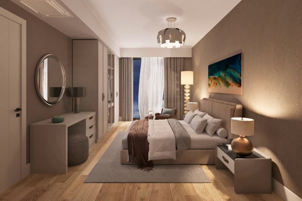 Wide-angle view of primary suite with integrated wardrobe and soft lighting, delivering comfort through elegant design.