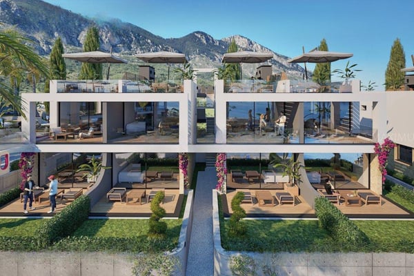 Aerial view showcasing the property’s modern layout, central pool, and landscaped grounds in a vibrant residential area.