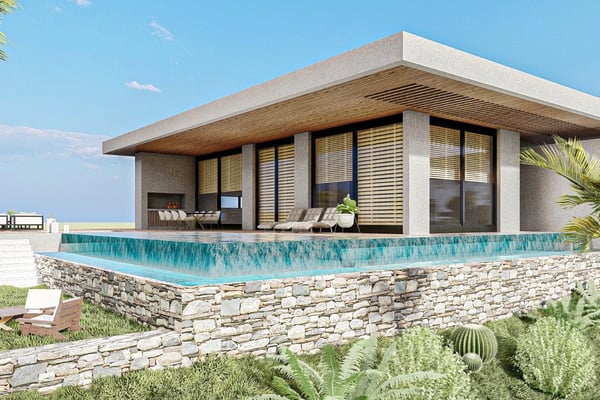 Infinity Pool with Stone Wall Design - A luxurious villa with an infinity pool cascading over a stone wall, featuring a covered outdoor lounge and dining area with panoramic ocean views.