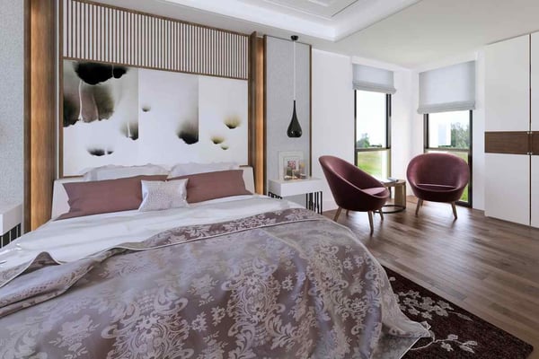 Cozy bedroom with a warm color palette, upholstered bed, and soft ambient lighting
