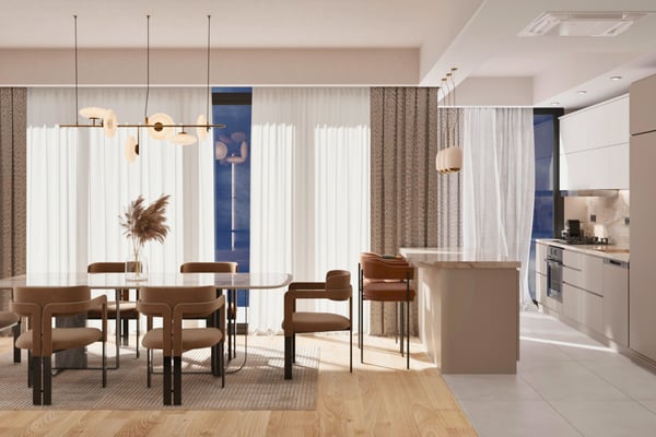 Dining area with ambient light and terrace access, blending indoor elegance with outdoor inspiration for everyday meals.
