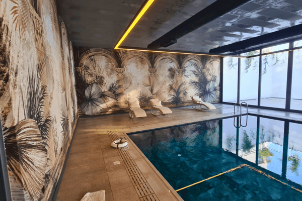 Heated indoor spa pool with lion mural and artistic design, reflecting the development’s commitment to wellness and aesthetics.