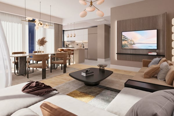 Bright living area with large windows and warm lighting, creating a cozy, stylish atmosphere perfect for entertaining or relaxing.