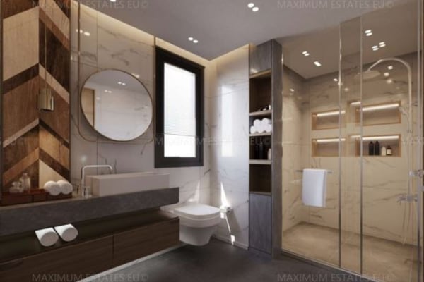Upper floor layout with private bedrooms, en-suite baths, and balcony access for each room.