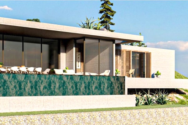 Cantilevered Modern Villa with Ocean View - A striking villa with a cantilevered design, featuring floor-to-ceiling glass doors, wooden shutters, and a glass balcony overlooking lush greenery.