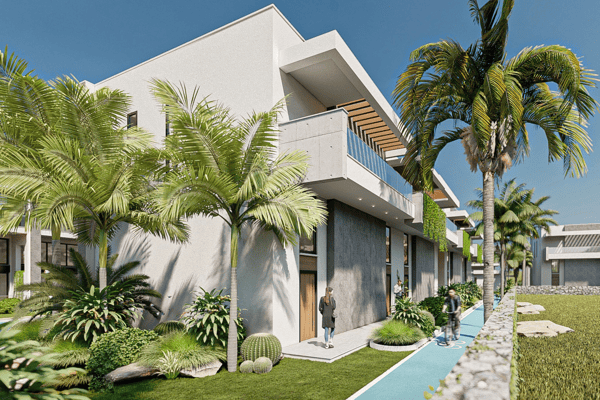 Corner view of a unit with a water feature running beside the wall, accentuating privacy and elegant landscaping.