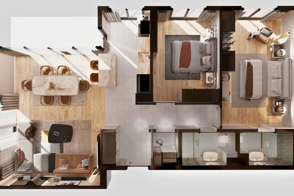 Top-down apartment layout illustrating a spacious, open concept with balanced room flow and direct outdoor access.