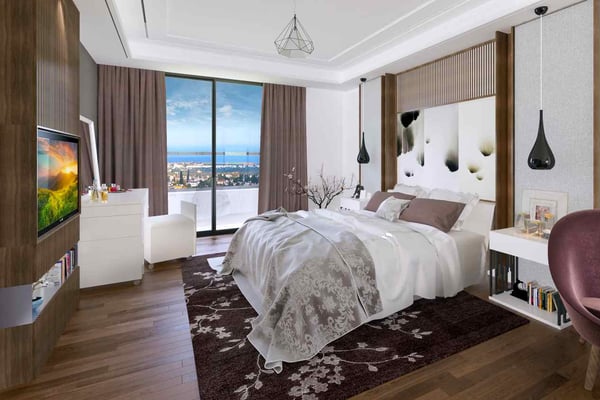 Beautiful bedroom with a mix of contemporary and classic elements, featuring a large bed and scenic view