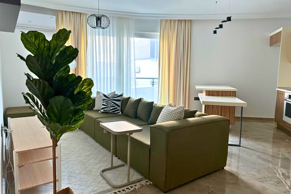 Spacious living room with soft-toned decor and lush indoor plant, illuminated by generous natural light through large windows.