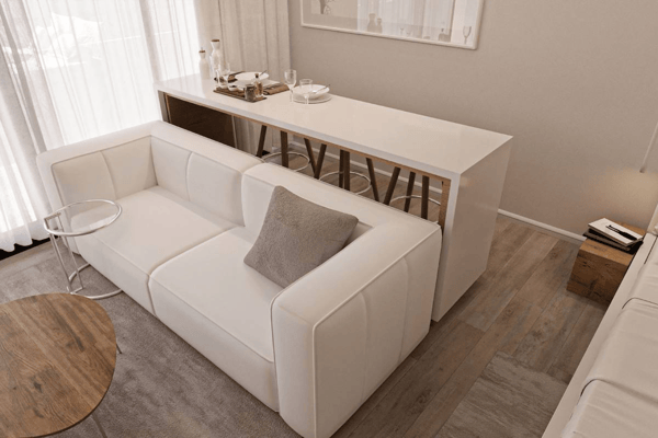 Well-proportioned apartment bedroom showcasing the layout with bed, ample built-in wardrobe storage, large window, and smooth ceramic flooring.