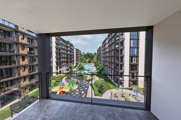 Interior view from studio’s balcony overlooking the landscaped gardens and sparkling pool area below.