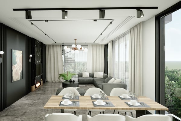 Spacious bedroom with a floor-to-ceiling window, sheer and blackout curtains, and soft neutral tones, maximizing natural light and comfort.