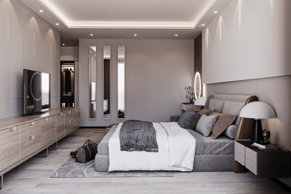 Taupe tones, LED-lit ceiling and mirrored wardrobe create a peaceful bedroom setting with boutique-style interior details.