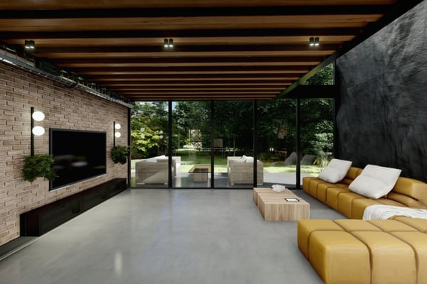 A different angle of a contemporary living space with a sectional sofa, built-in entertainment center, and soft ambient lighting, offering a warm, sophisticated ambiance.