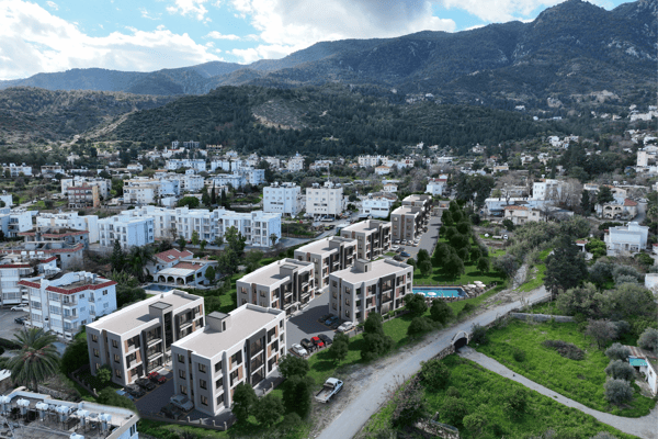 Top-down image focusing on the community’s alignment with surrounding hills, offering a tranquil and private living environment.