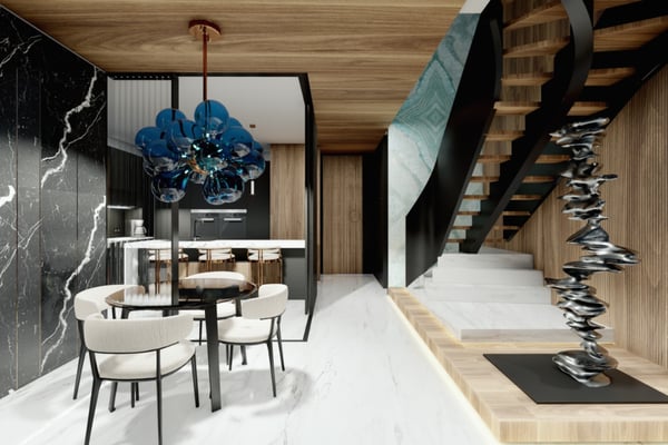 Walk-in closet with glass wardrobe doors, a central island, and illuminated shelving, embodying modern luxury.