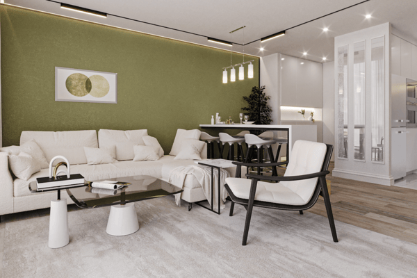 Olive feature wall and six-seat dining table add warmth and visual depth to a seamless open-plan living-dining environment.