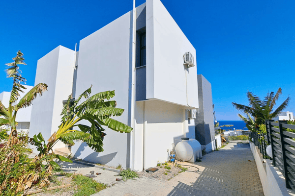 Minimalist villa exterior with white stucco walls and sculpted garden enriched by vibrant tropical foliage.