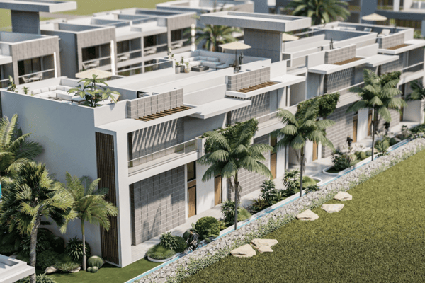 High-angle community render showing interconnected pools, repeated building forms, and balanced landscaping.