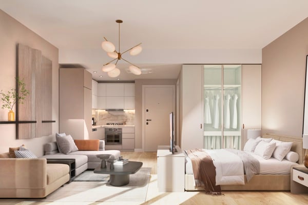 Combined dining and living space with floor-length drapes and ambient lighting perfect for comfort and hosting.