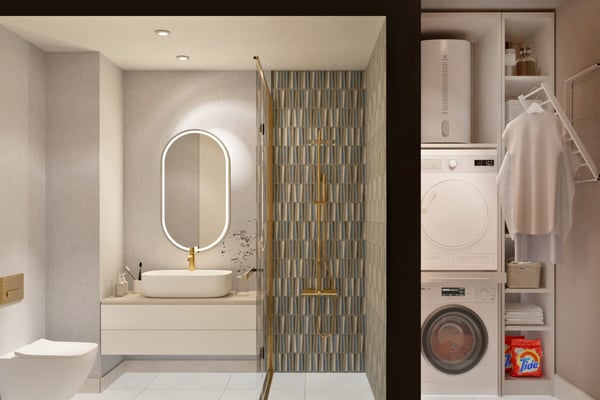 Stylish bathroom with integrated laundry and walk-in shower, showcasing efficient layout and contemporary aesthetic.