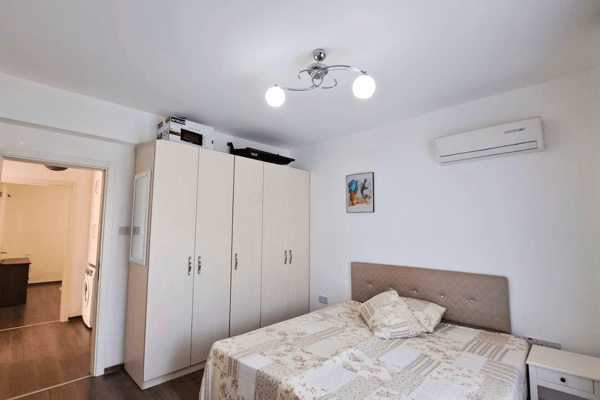 Guest bedroom with floor-to-ceiling wardrobes and AC, offering organized, climate-controlled comfort and flexibility.