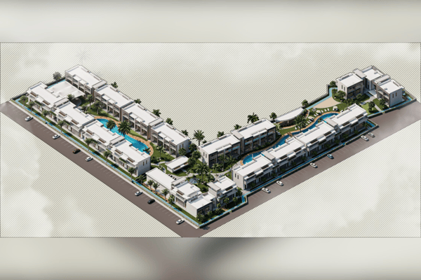 Top-down layout showing L-shaped pool and buildings arranged to maximize communal space and visual symmetry.