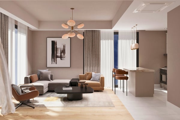 Modern living space with plush seating, soft tones, and natural light offers a calm retreat within a sophisticated interior design.