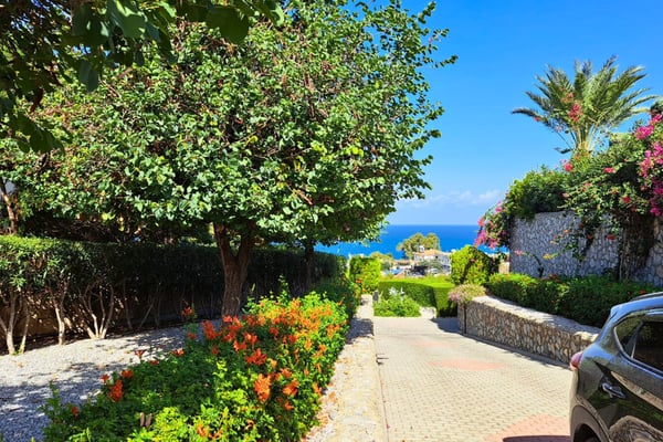Citrus and olive-lined garden path suggesting a Mediterranean promenade that ends with a peek of the distant sea.