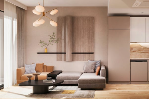 Open-plan living area with stylish furnishings and natural tones that enhance the apartment’s spacious feel.